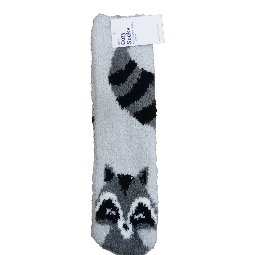 Unbranded Cozy Socks Adults One Size Grey New Raccoon Animal Fuzzy Plush Crew